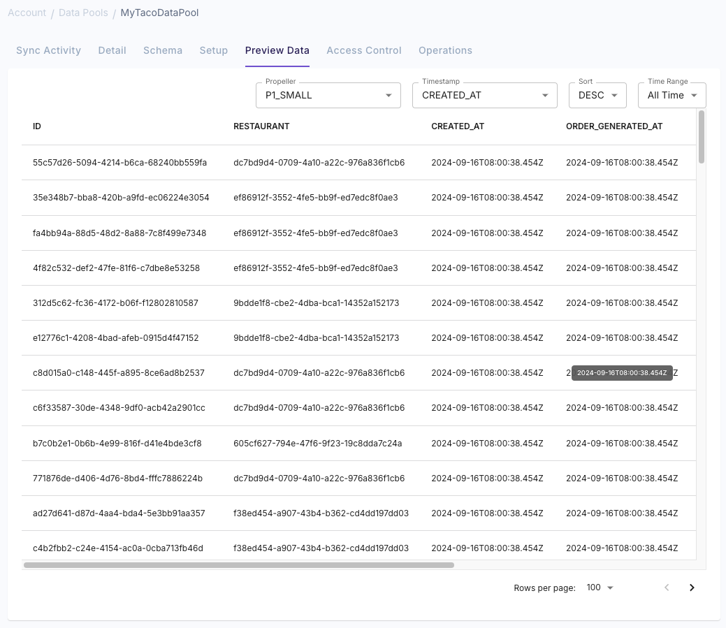 A screenshot demonstrating how to preview data in a Data Pool in the Propel Console.