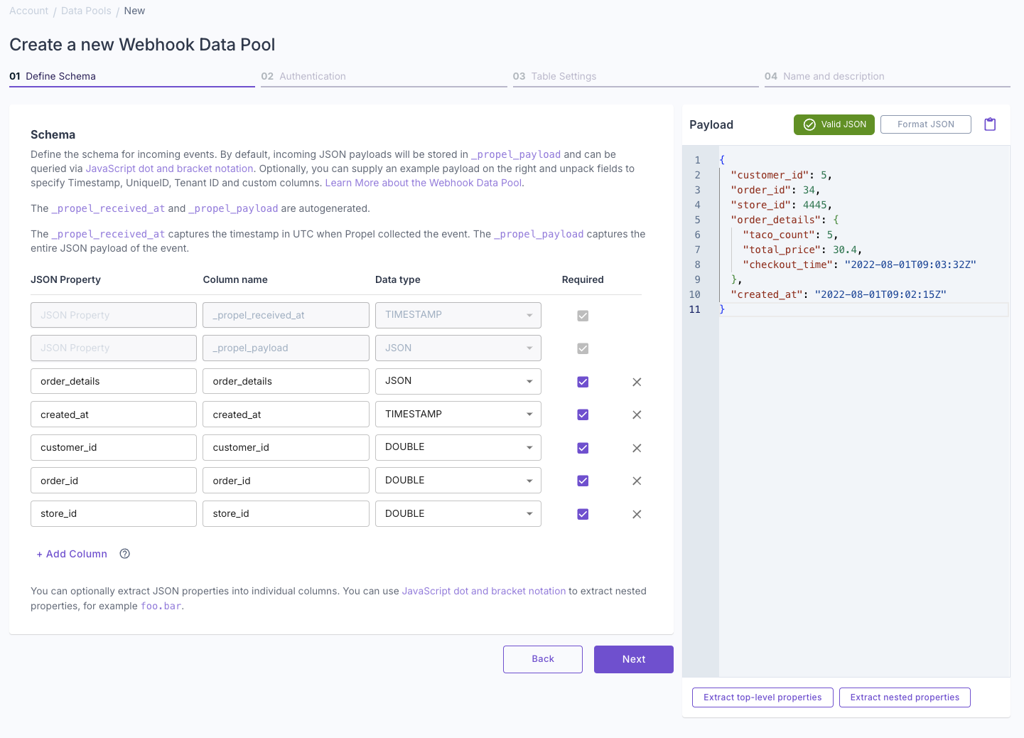 A screenshot demonstrating how to define the schema for a new Webhook Data Pool in the Propel Console.