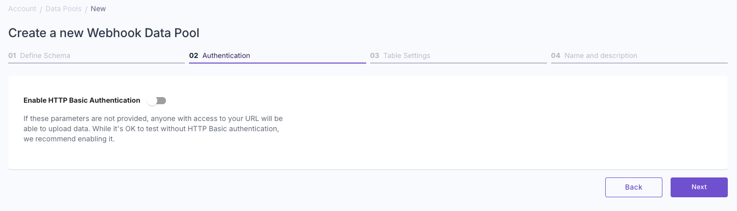 A screenshot demonstrating how to configure authentication for a new Webhook Data Pool in the Propel Console.