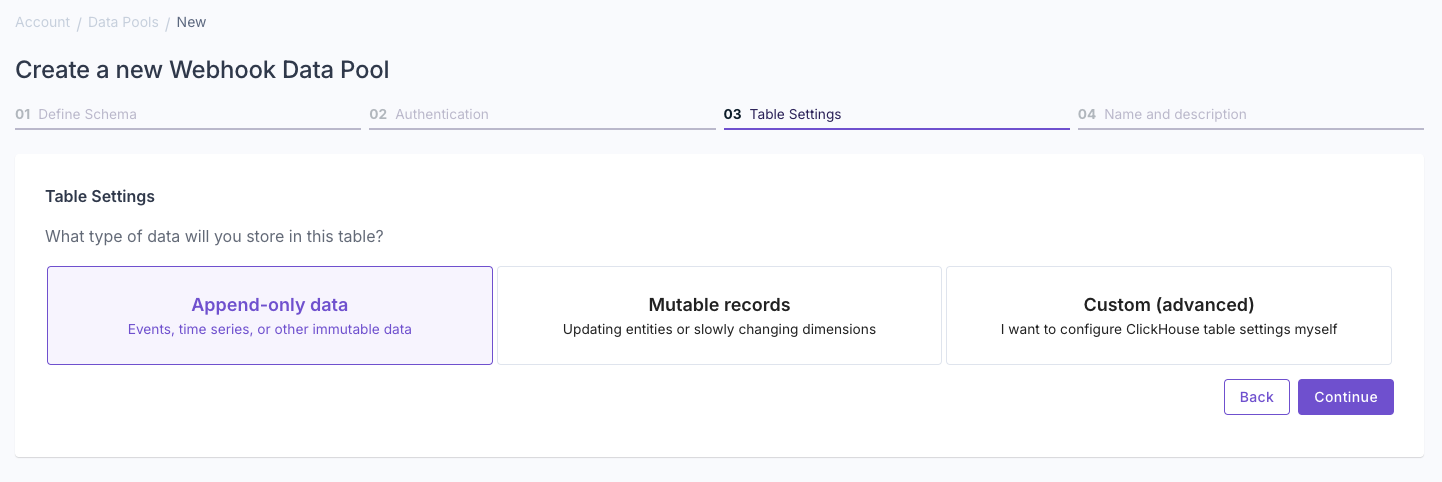 A screenshot demonstrating how to configure authentication for a new Webhook Data Pool in the Propel Console.