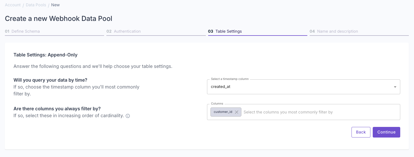 A screenshot demonstrating how to configure authentication for a new Webhook Data Pool in the Propel Console.