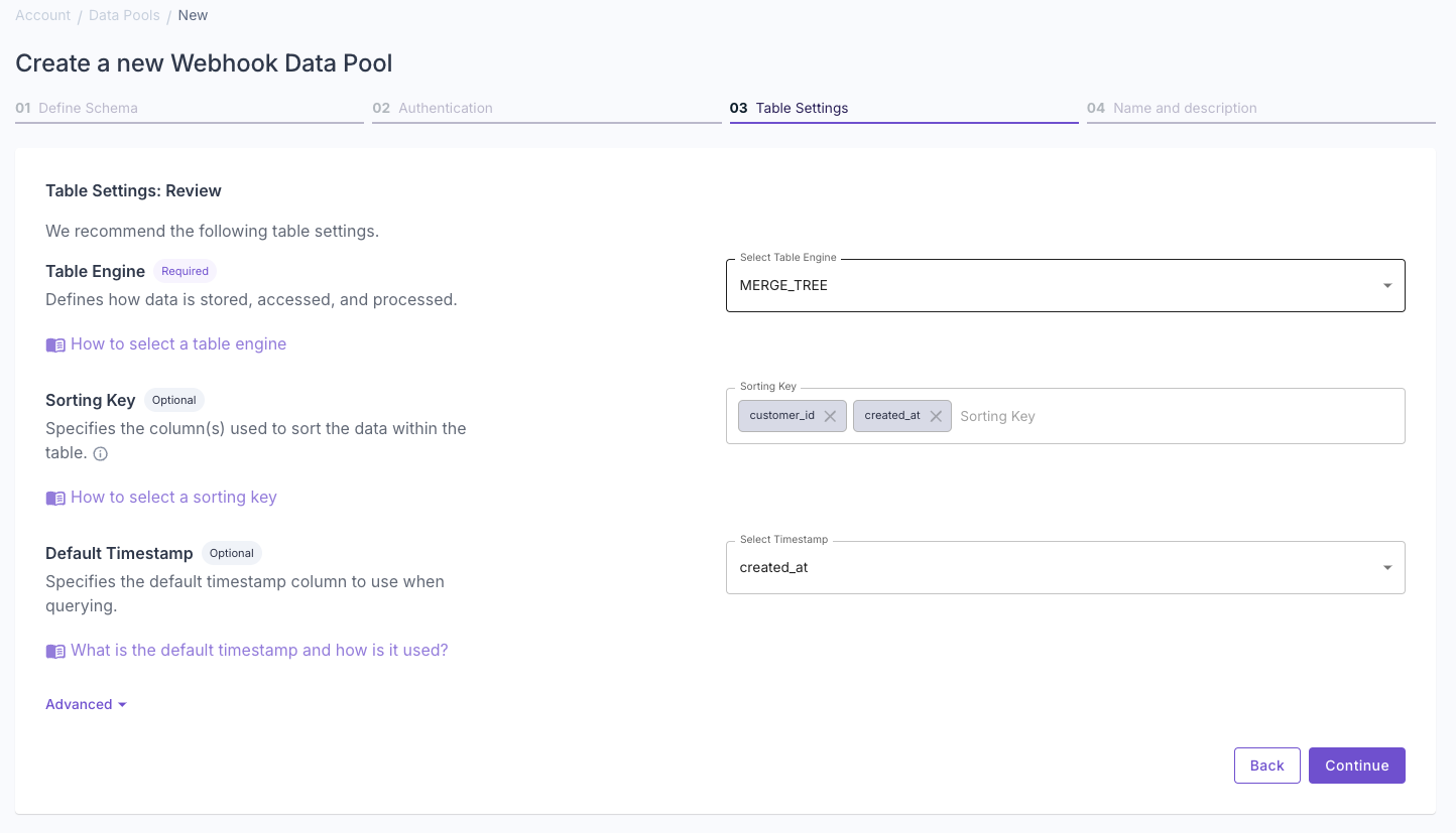 A screenshot demonstrating how to configure authentication for a new Webhook Data Pool in the Propel Console.