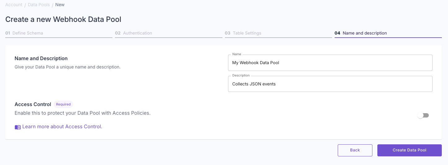 A screenshot demonstrating how to add a name and description to a new Webhook Data Pool in the Propel Console.