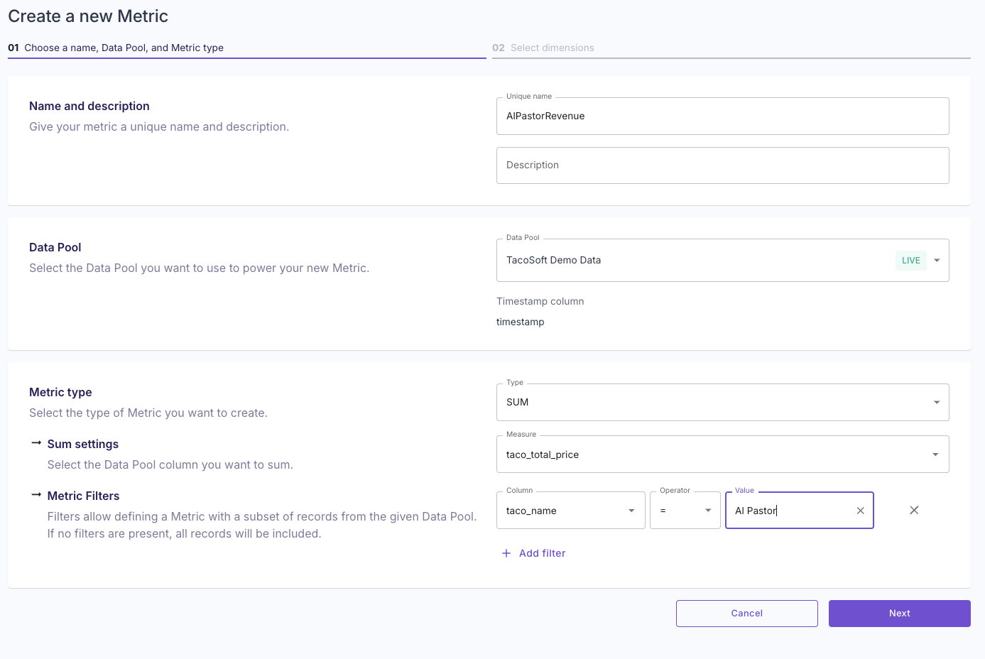 A screen capture demonstrating how to define a Metric with filters.
