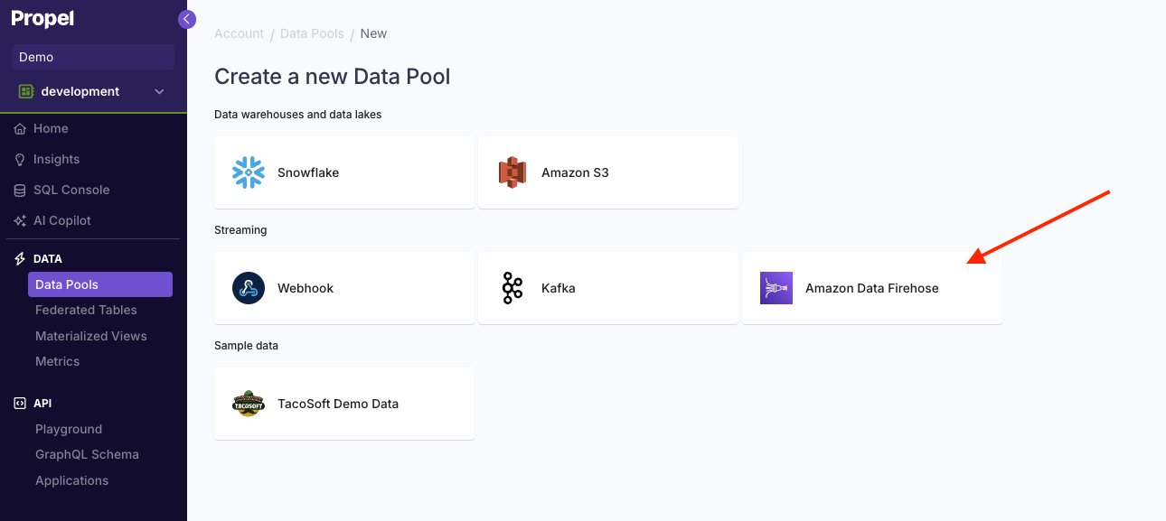 Creating a new Amazon Data Firehose Data Pool in the Propel Console