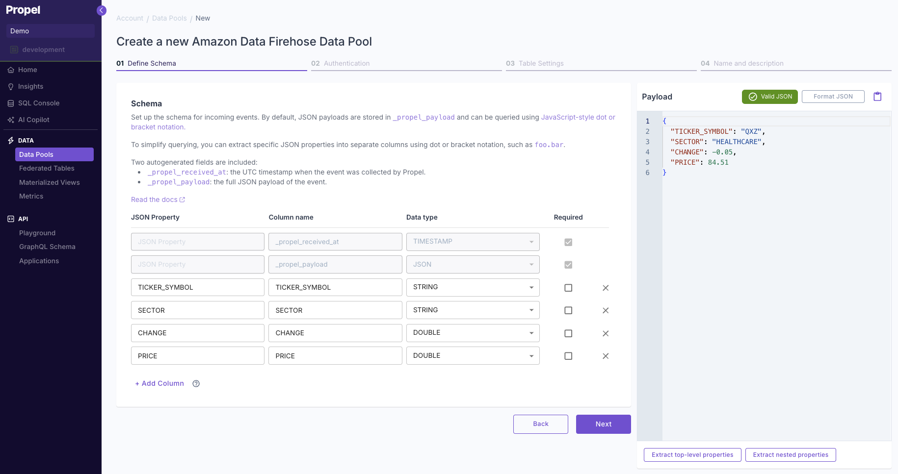 Defining the schema for an Amazon Data Firehose Data Pool