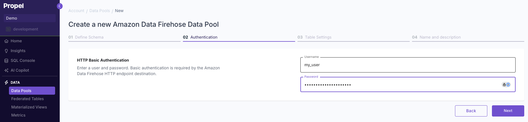 Configuring authentication settings for an Amazon Data Firehose Data Pool