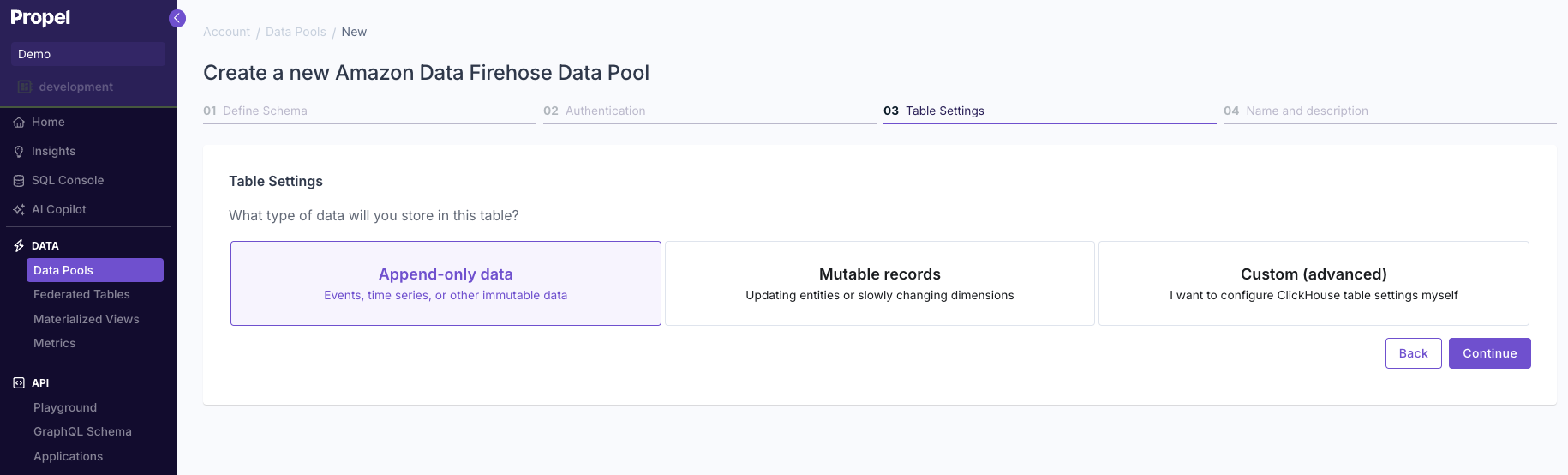 Selecting table settings for an Amazon Data Firehose Data Pool