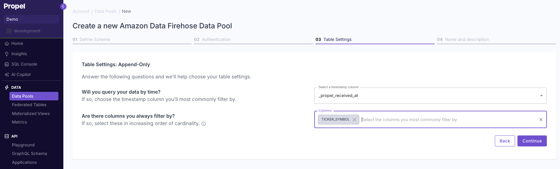 Completing the table settings wizard for an Amazon Data Firehose Data Pool