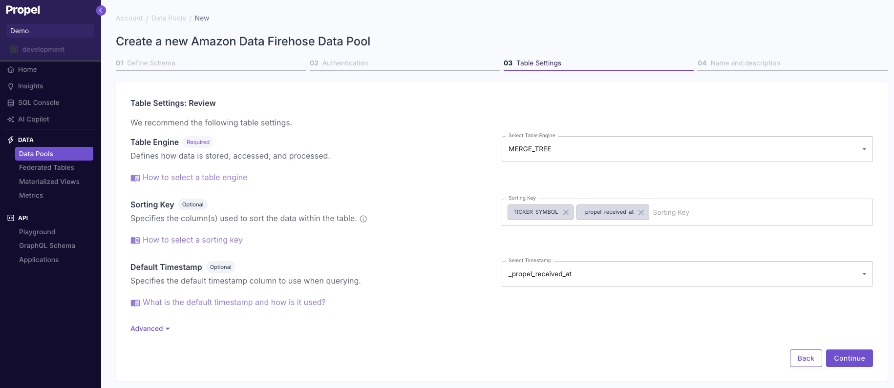 Confirming table settings for an Amazon Data Firehose Data Pool