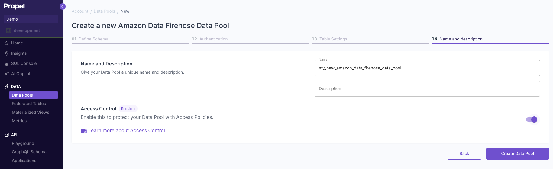 Setting name and description for an Amazon Data Firehose Data Pool