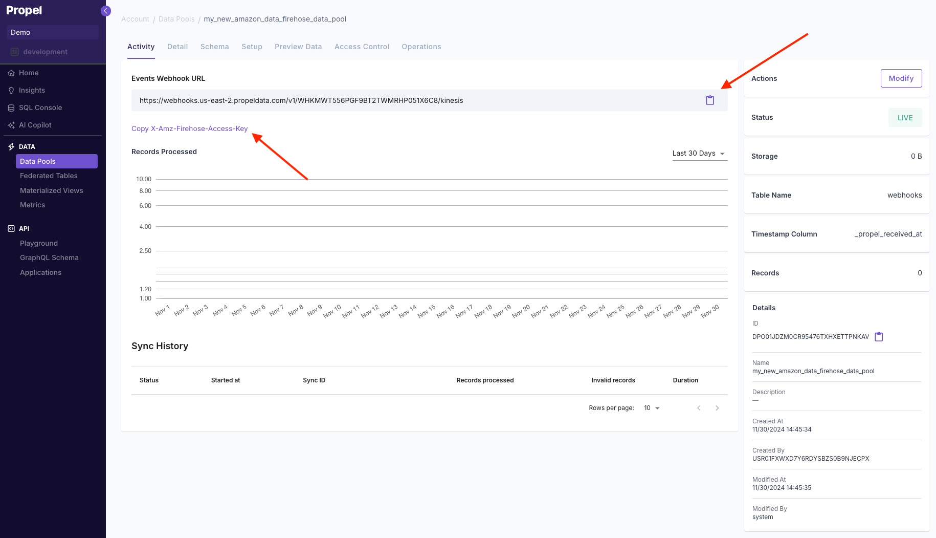 Viewing the created Amazon Data Firehose Data Pool details