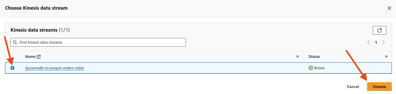 Screenshot showing the Kinesis data stream selection.