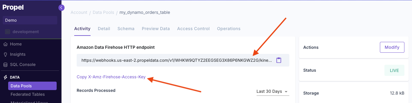 Screenshot showing the Propel Data Pool URL.