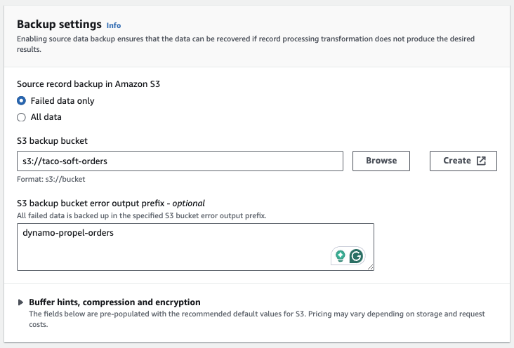 Screenshot showing the backup S3 bucket configuration.