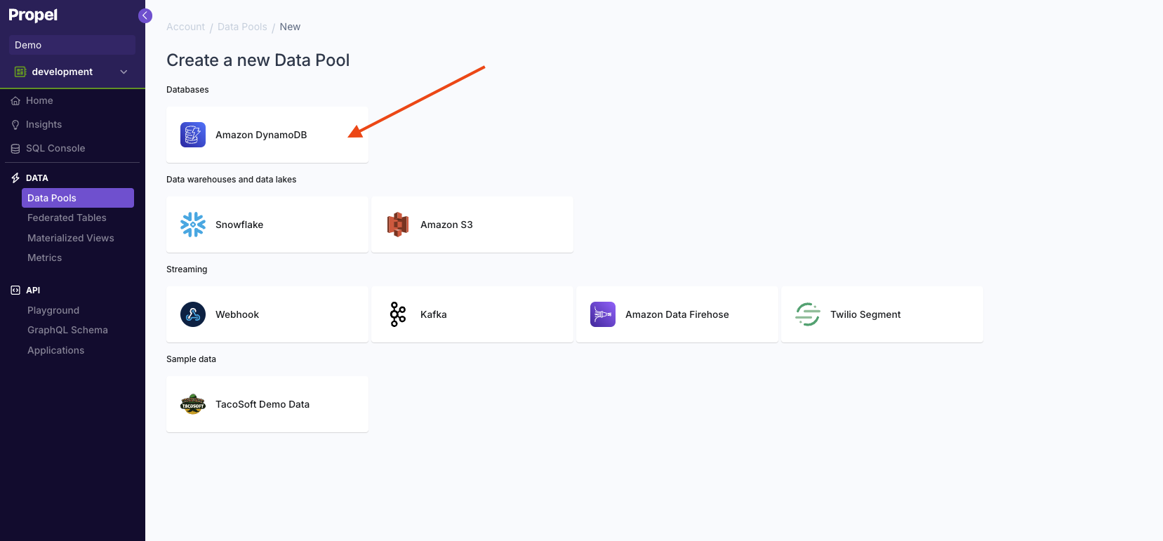 Screenshot showing the DynamoDB Data Pool selection.