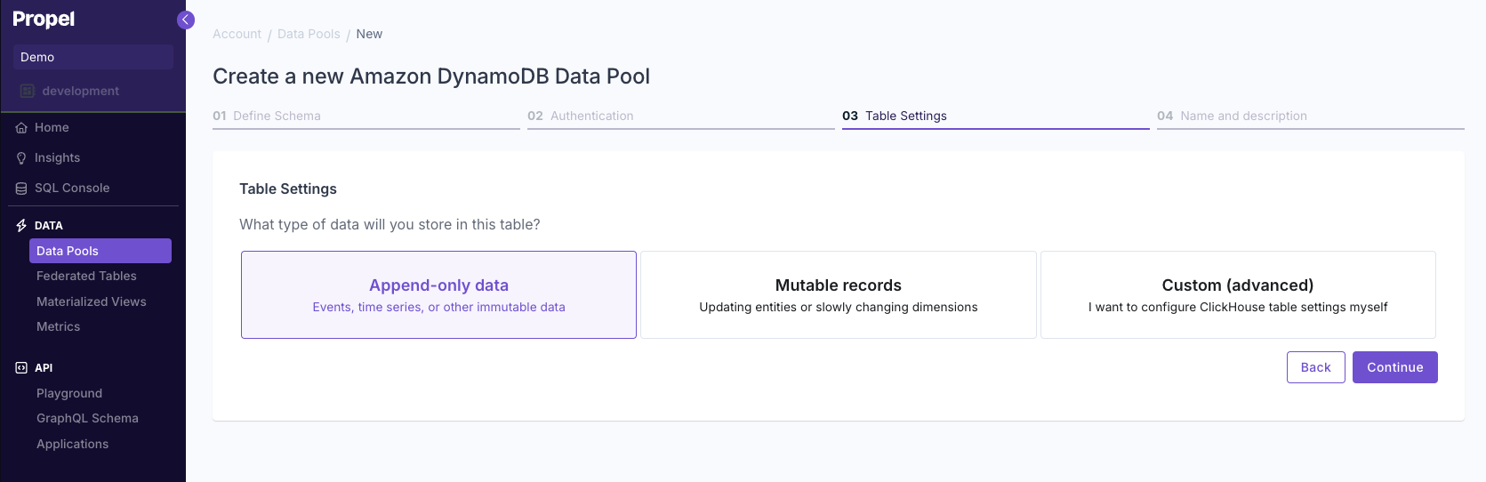 Selecting table settings for a DynamoDB Data Pool