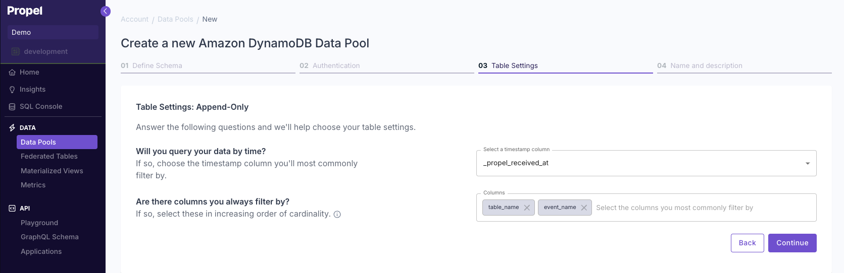 Completing the table settings wizard for a DynamoDB Data Pool