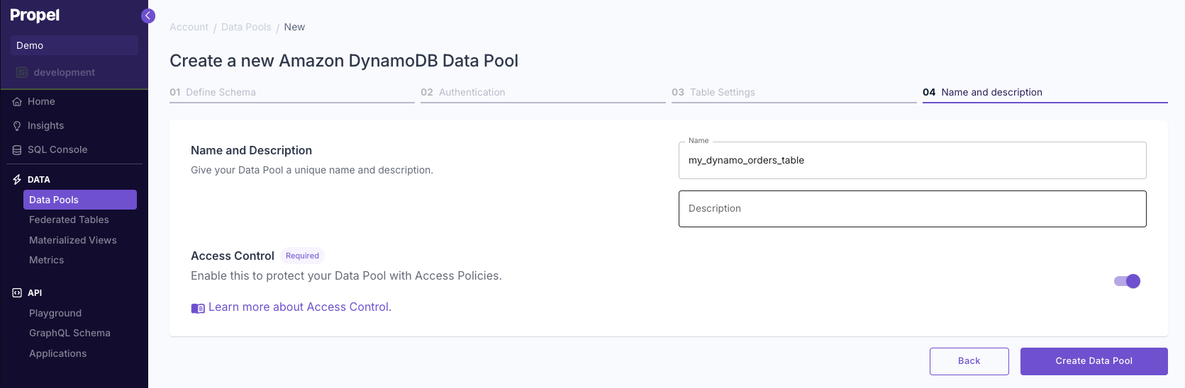 Screenshot showing the Data Pool naming page.