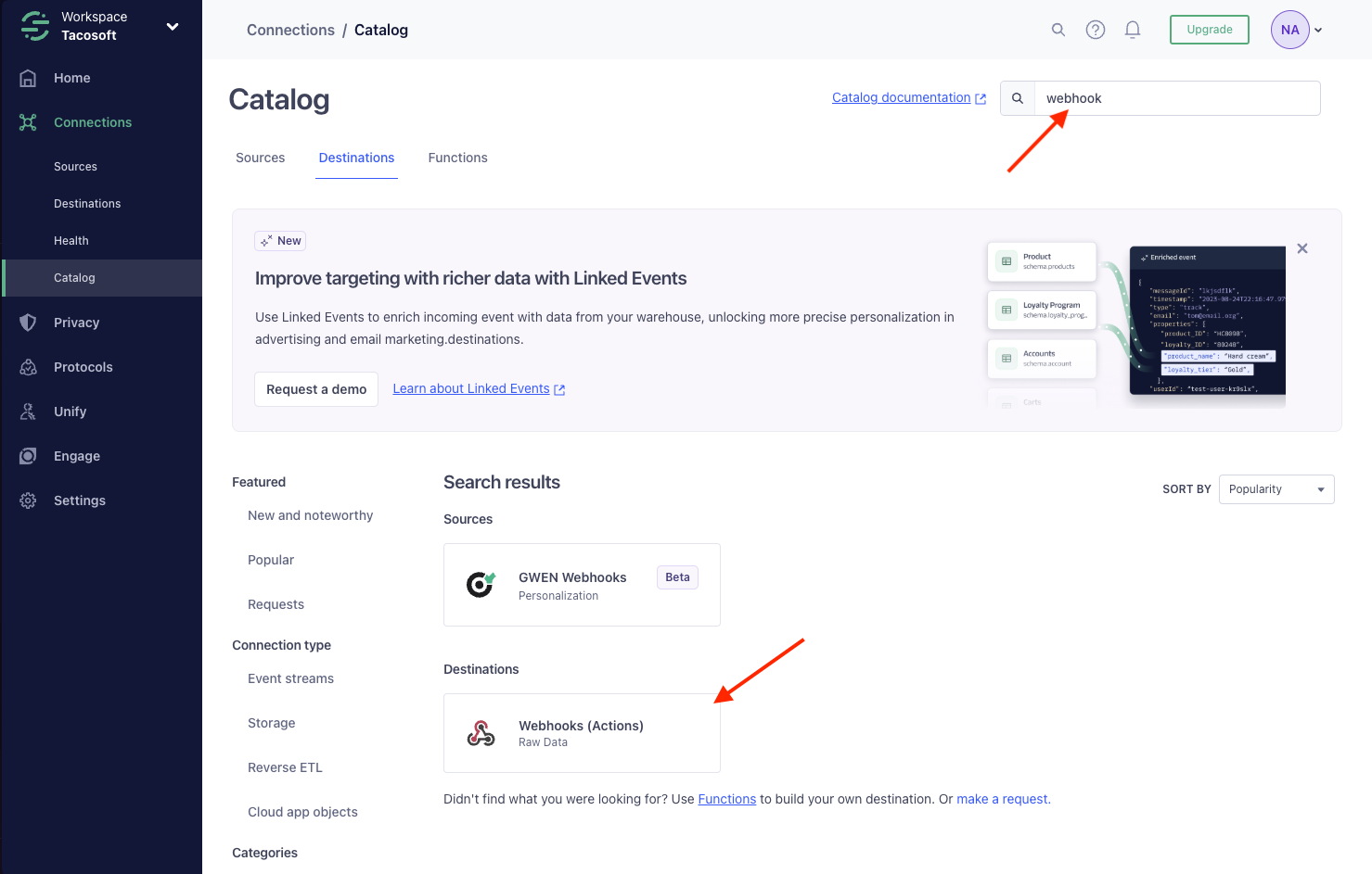 Selecting Webhooks as the destination