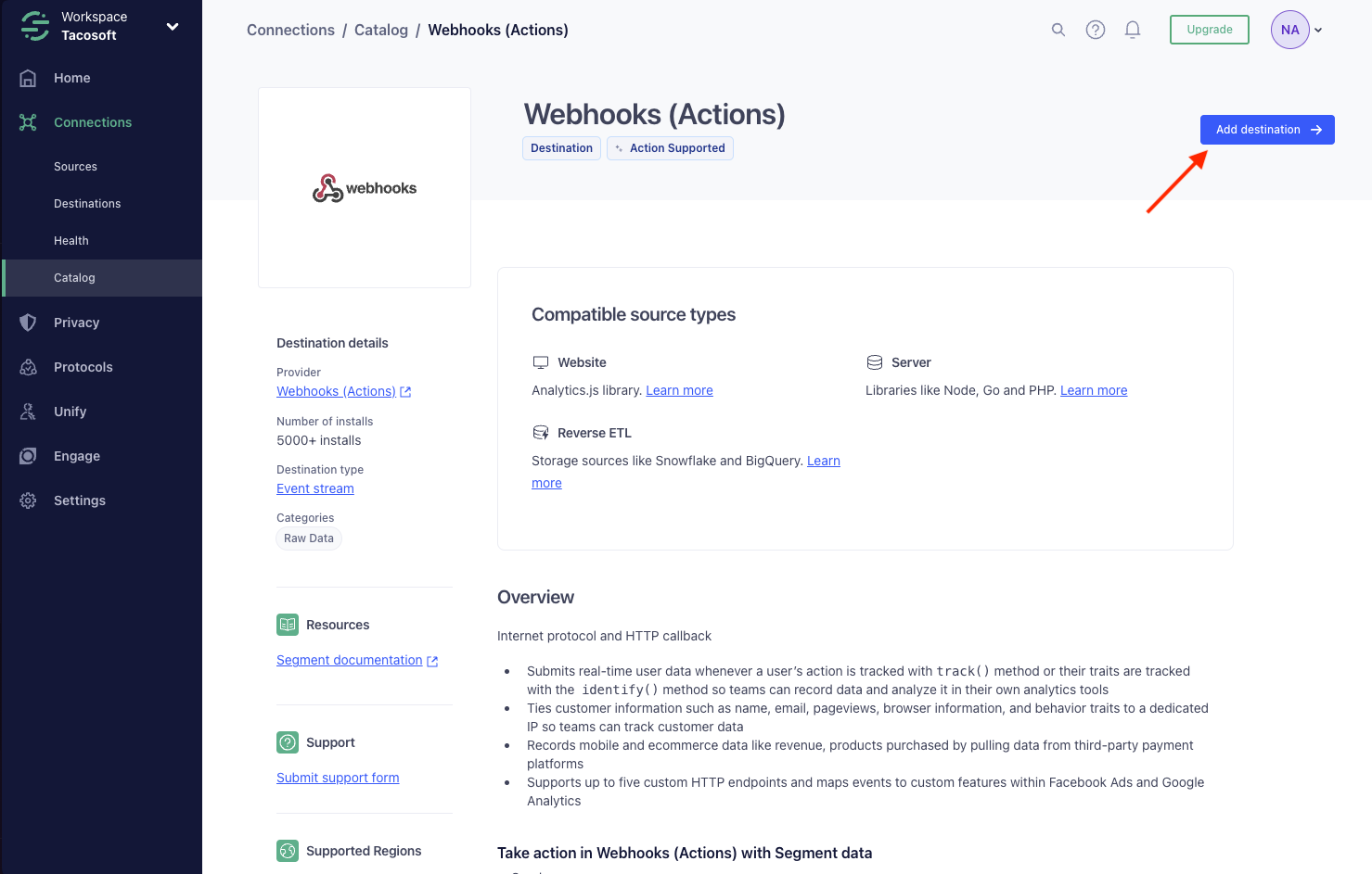Adding the Webhooks destination