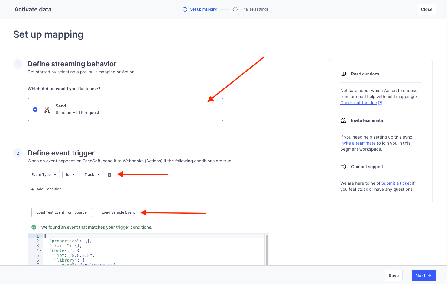 Defining the event trigger for the Webhooks destination