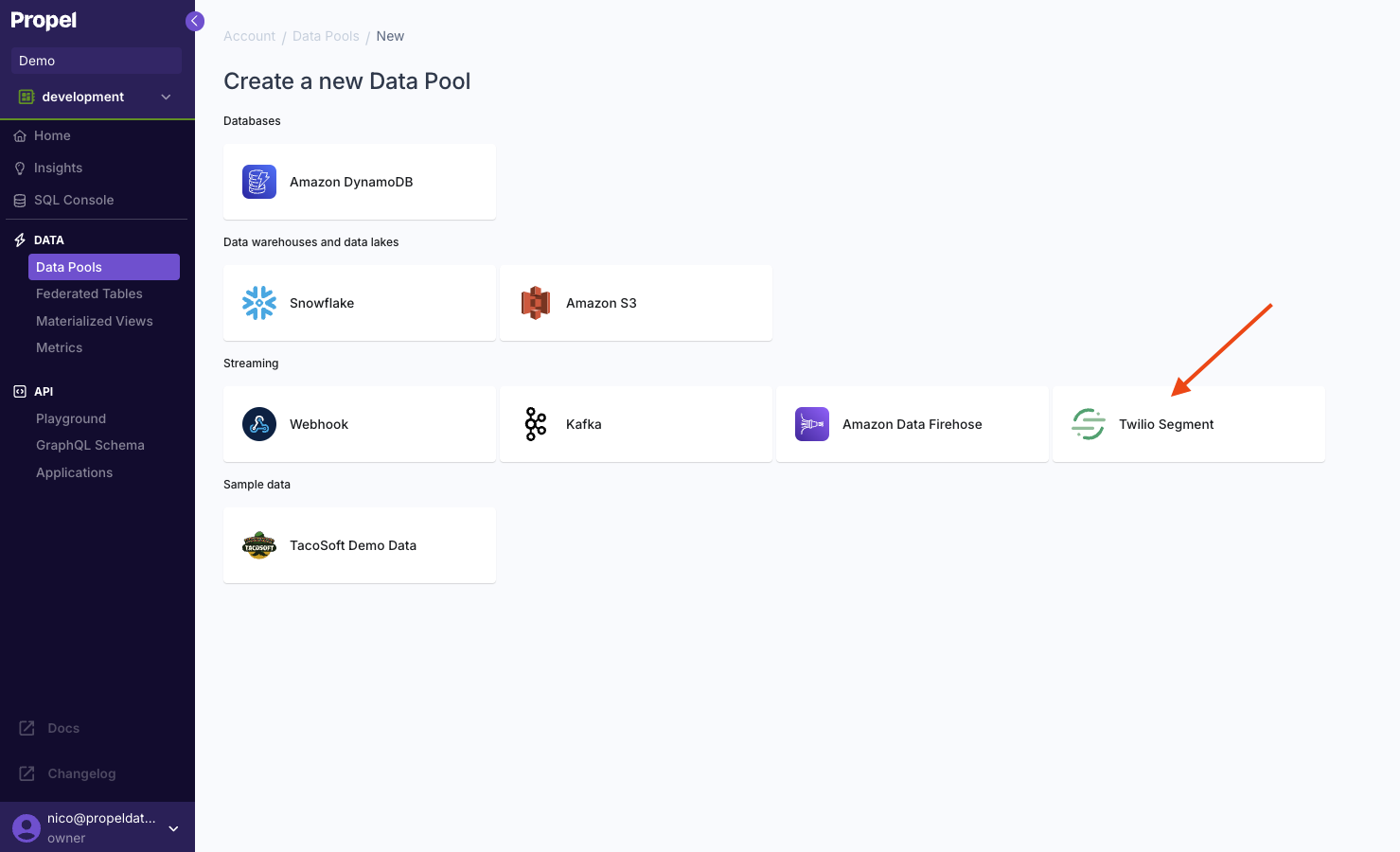 Creating a new Twilio Segment Data Pool in the Propel Console