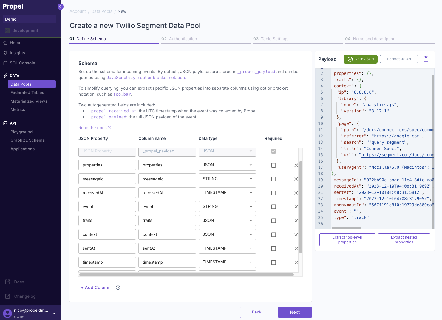 Defining the schema for a Twilio Segment Data Pool