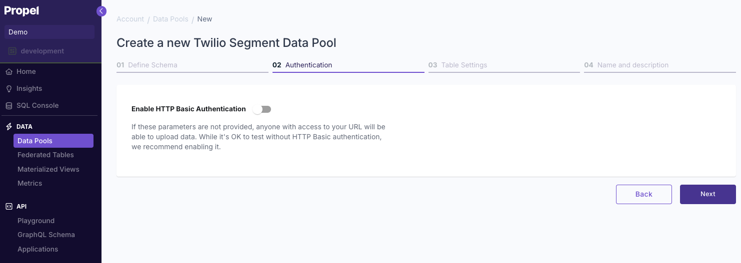Configuring authentication settings for a Twilio Segment Data Pool