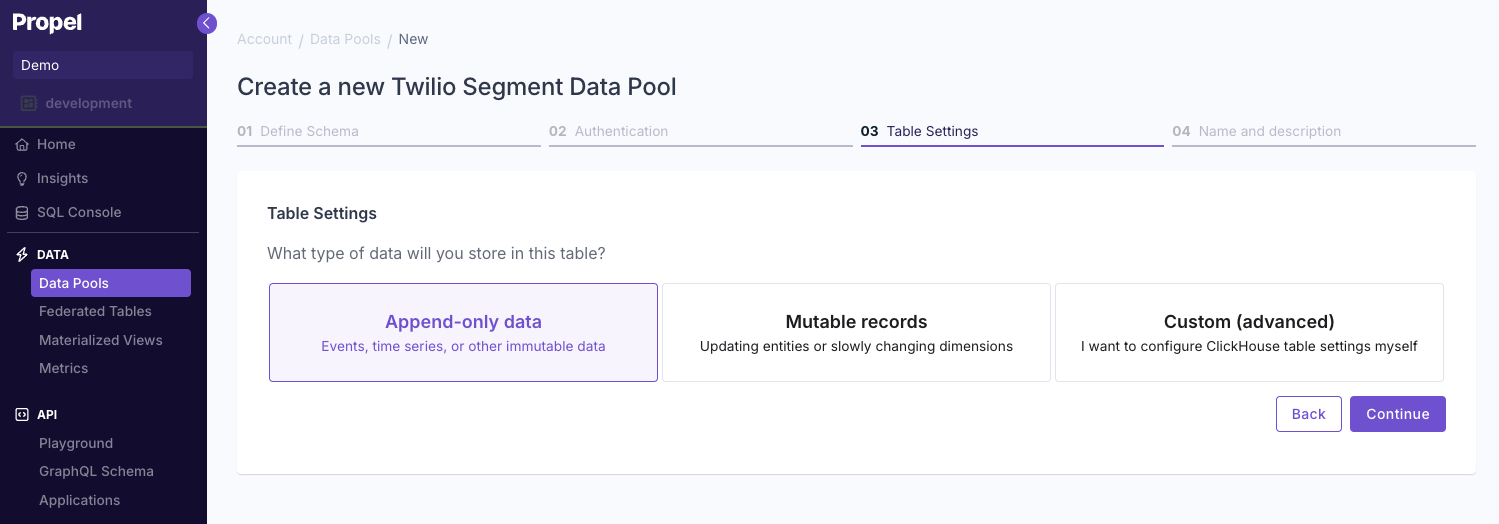 Selecting table settings for a Twilio Segment Data Pool