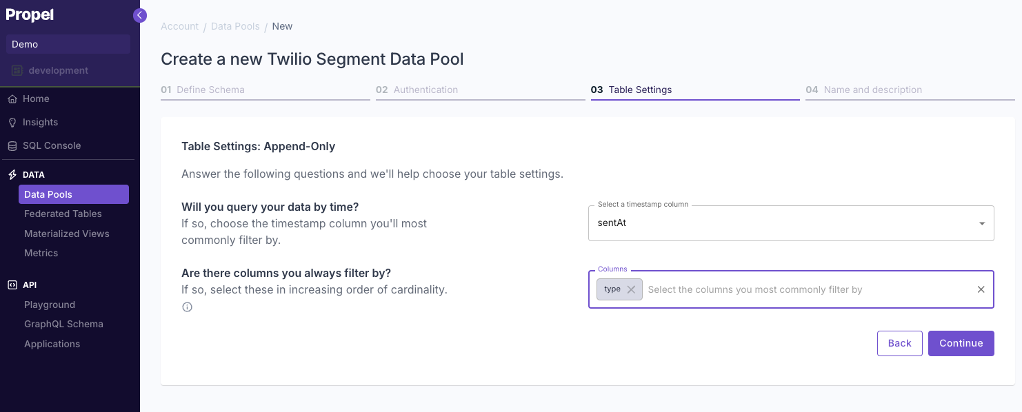 Completing the table settings wizard for a Twilio Segment Data Pool