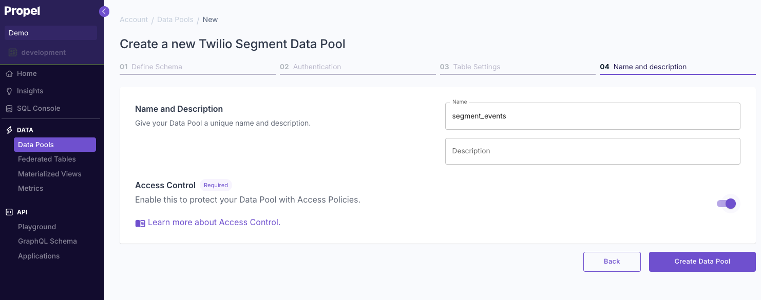 Setting name and description for a Twilio Segment Data Pool