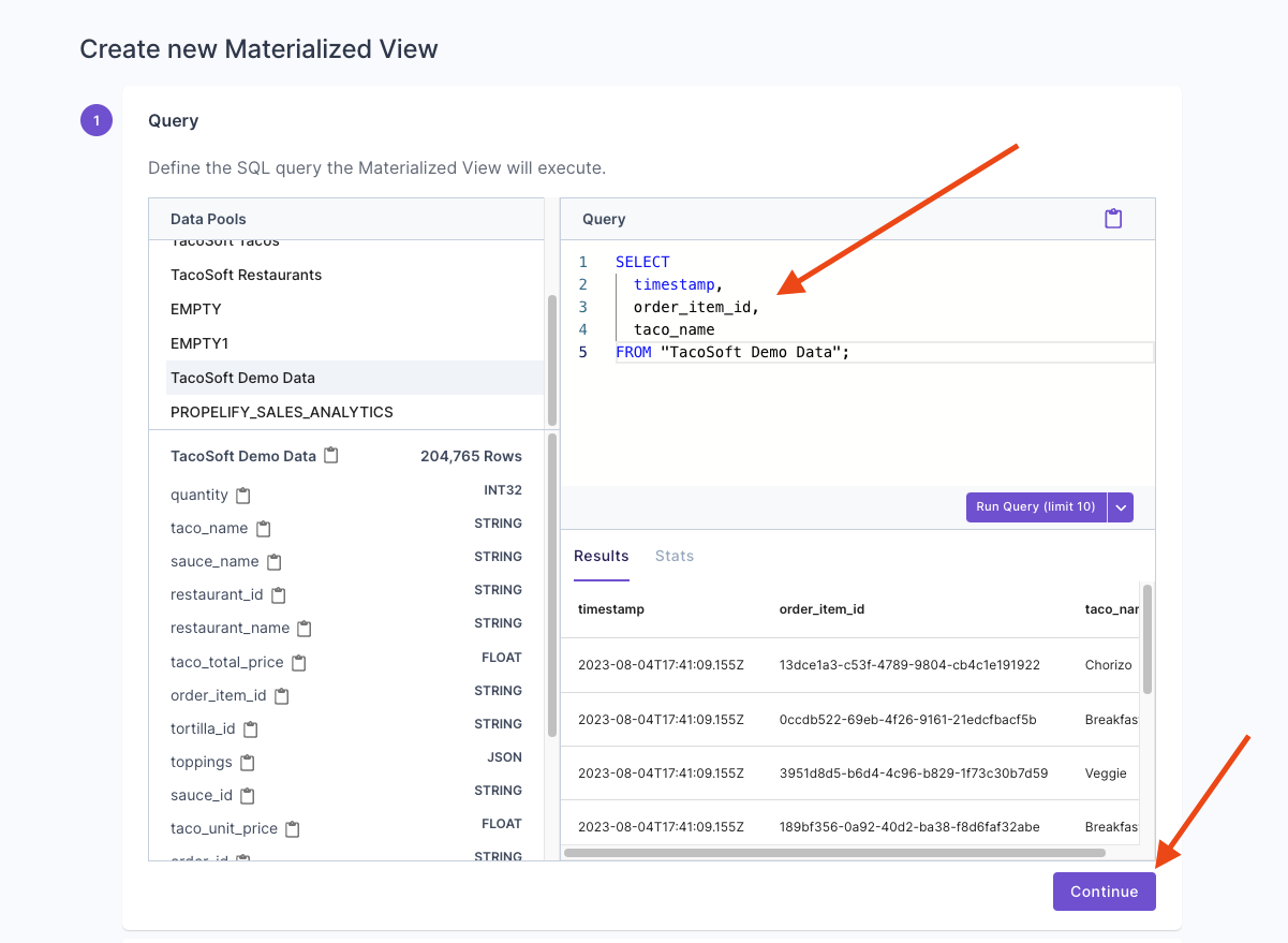 A screen capture of the Define query step of the create Materialized View flow in the Propel Console