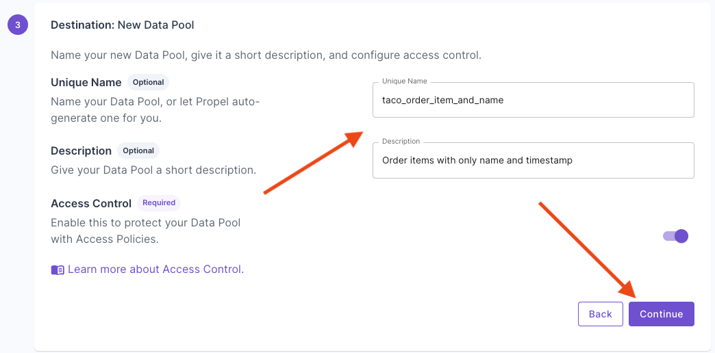 A screen capture of the Destination name and description step of the create Materialized View flow in the Propel Console