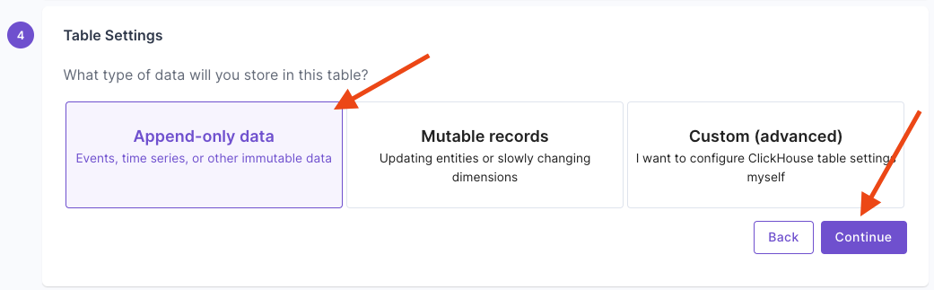 A screen capture of the first Destination table settings step of the create Materialized View flow in the Propel Console