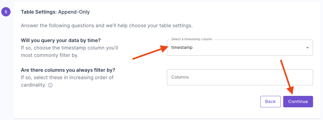 A screen capture of the second Destination table settings step of the create Materialized View flow in the Propel Console