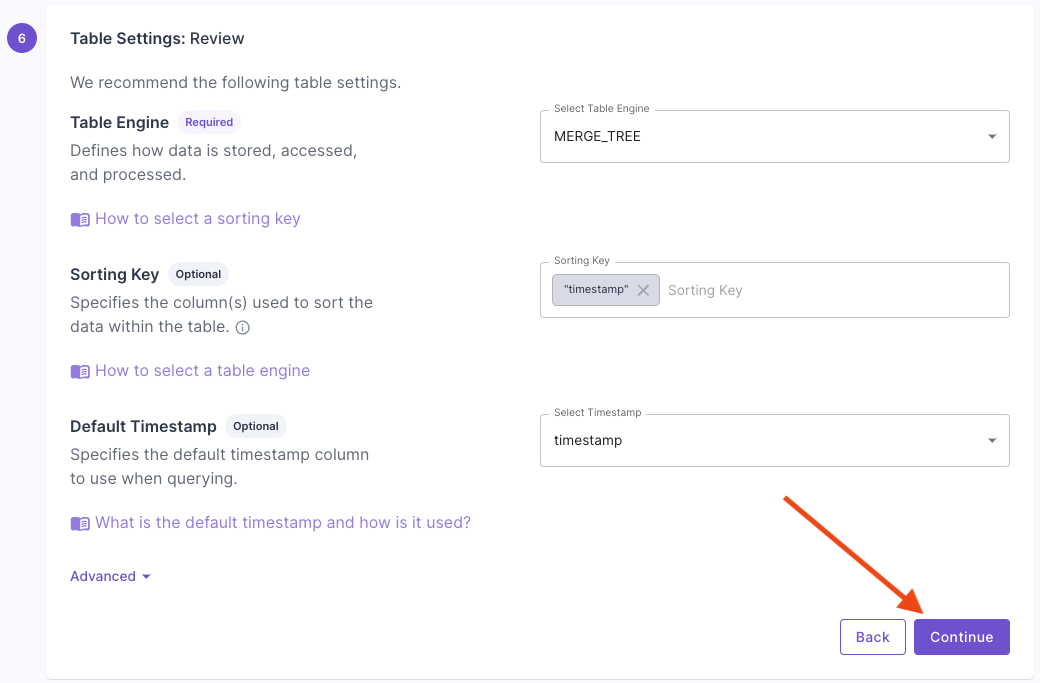 A screen capture of the Destination table settings review step of the create Materialized View flow in the Propel Console