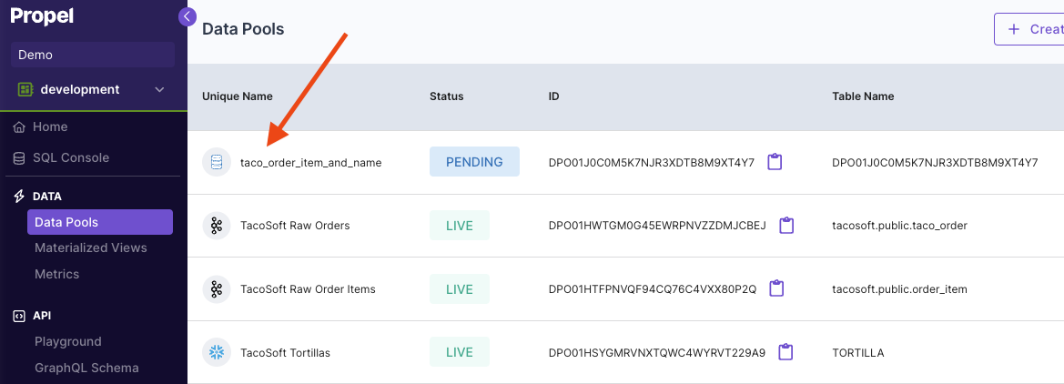 A screen capture of the Data Pool page in the Propel Console