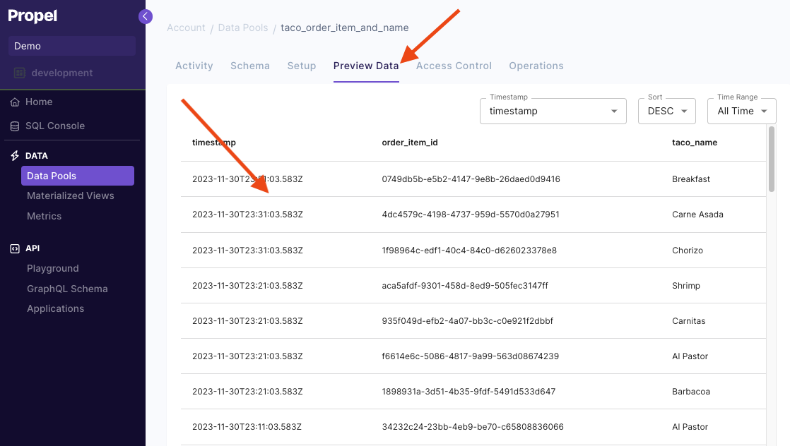 A screen capture of the Data Pool Preview Data in the Propel Console