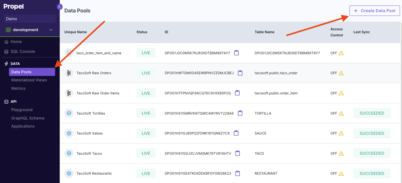 Propel's Data Pools Console page