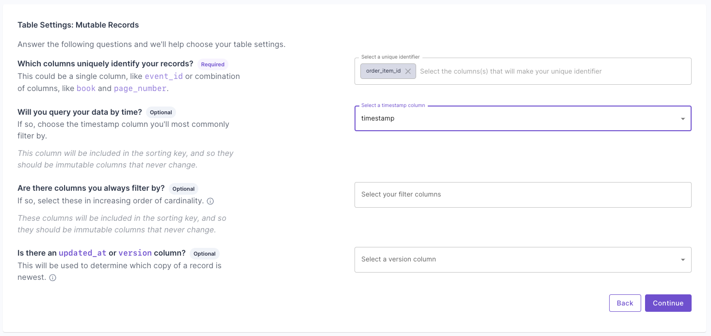 ClickHouse table settings configuration questions