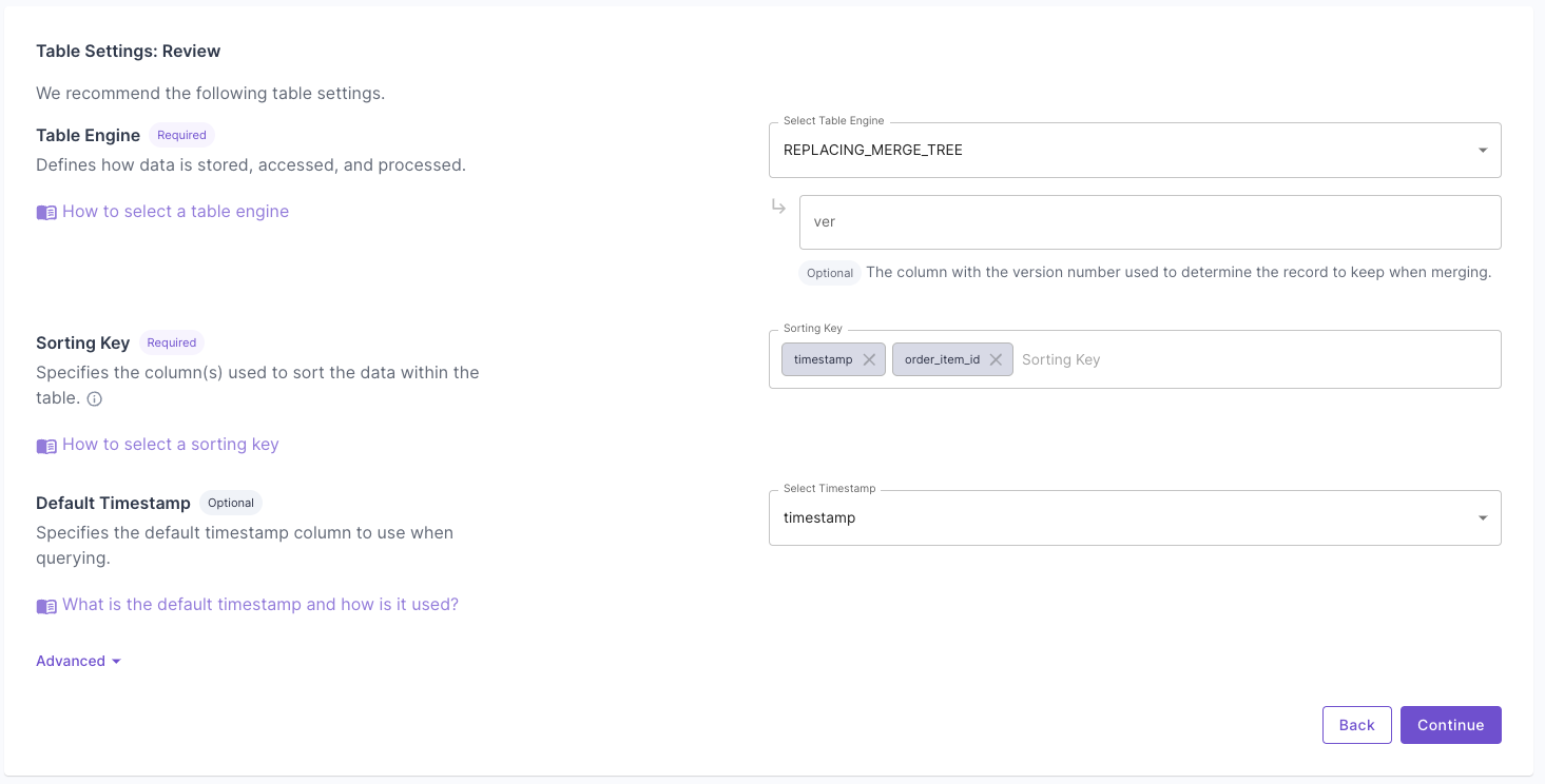 Suggested ClickHouse table settings