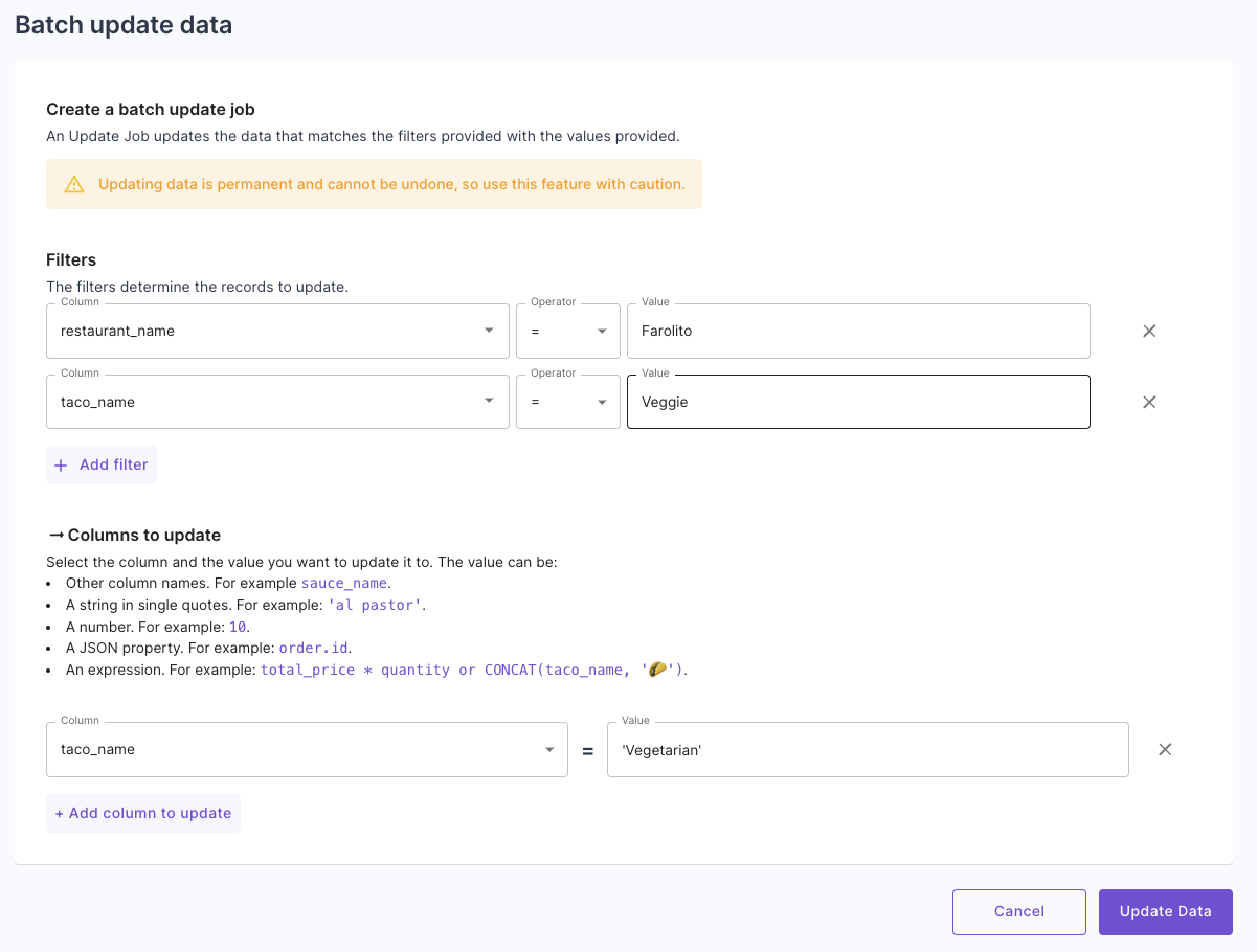 Update data Console UI for ClickHouse