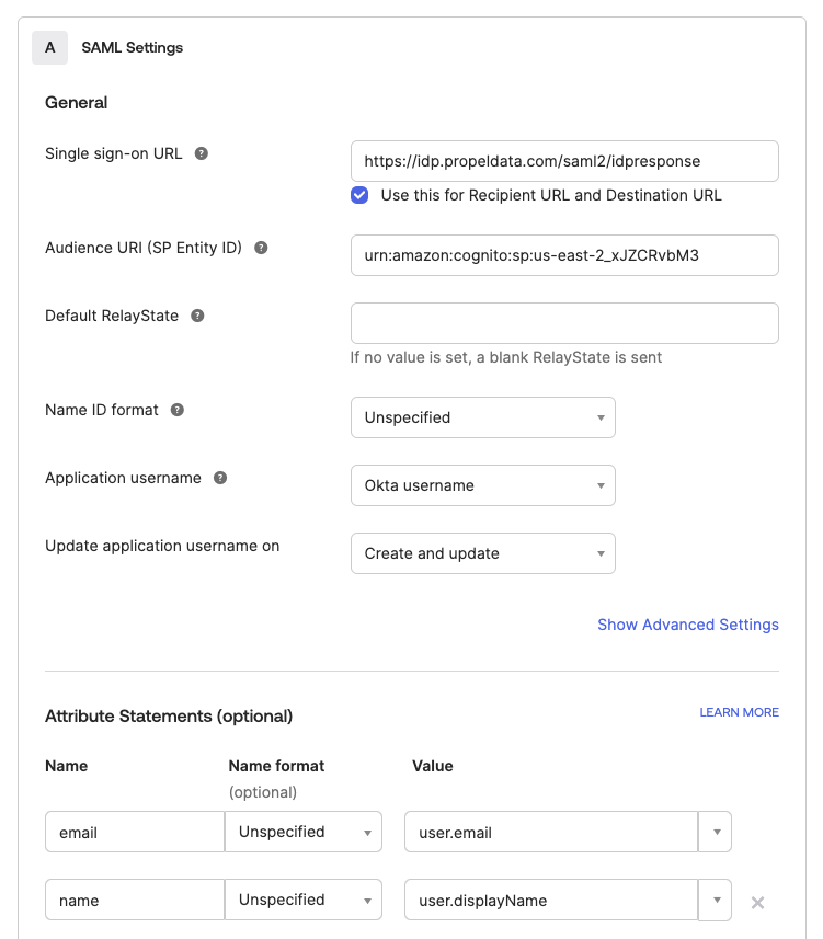 A screenshot showing the SAML settings configuration for Propel in Okta, including Single sign-on URL, Audience URI, and Attribute Statements.