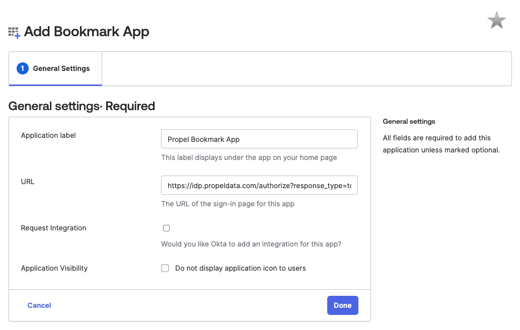 A screenshot showing the URL configuration for the Okta bookmark app.