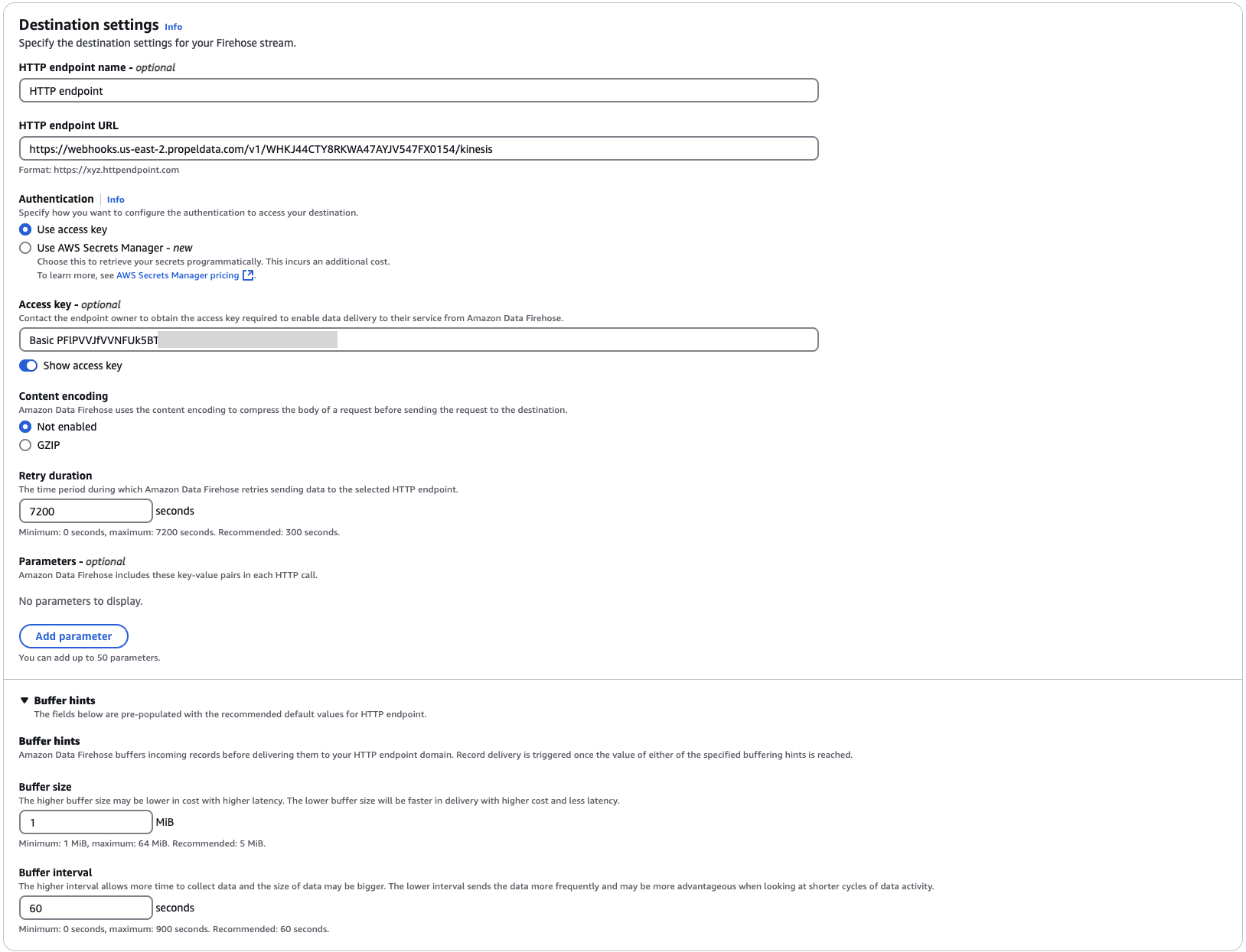 Configuring the HTTP endpoint destination settings