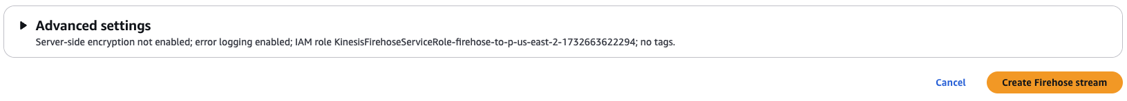 Completing the Firehose stream creation