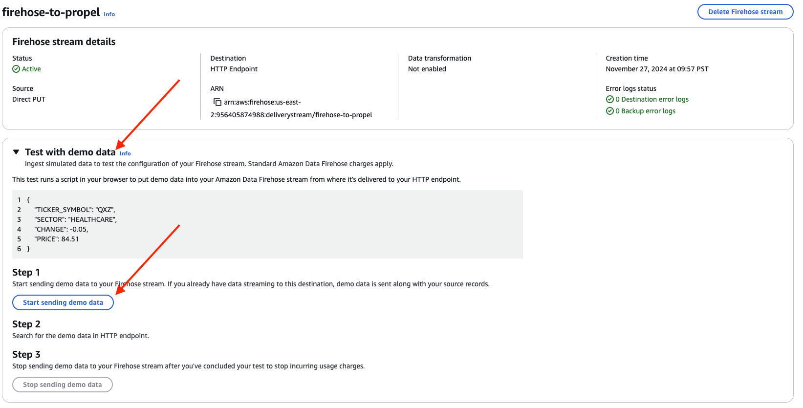 Sending test data to the Firehose stream