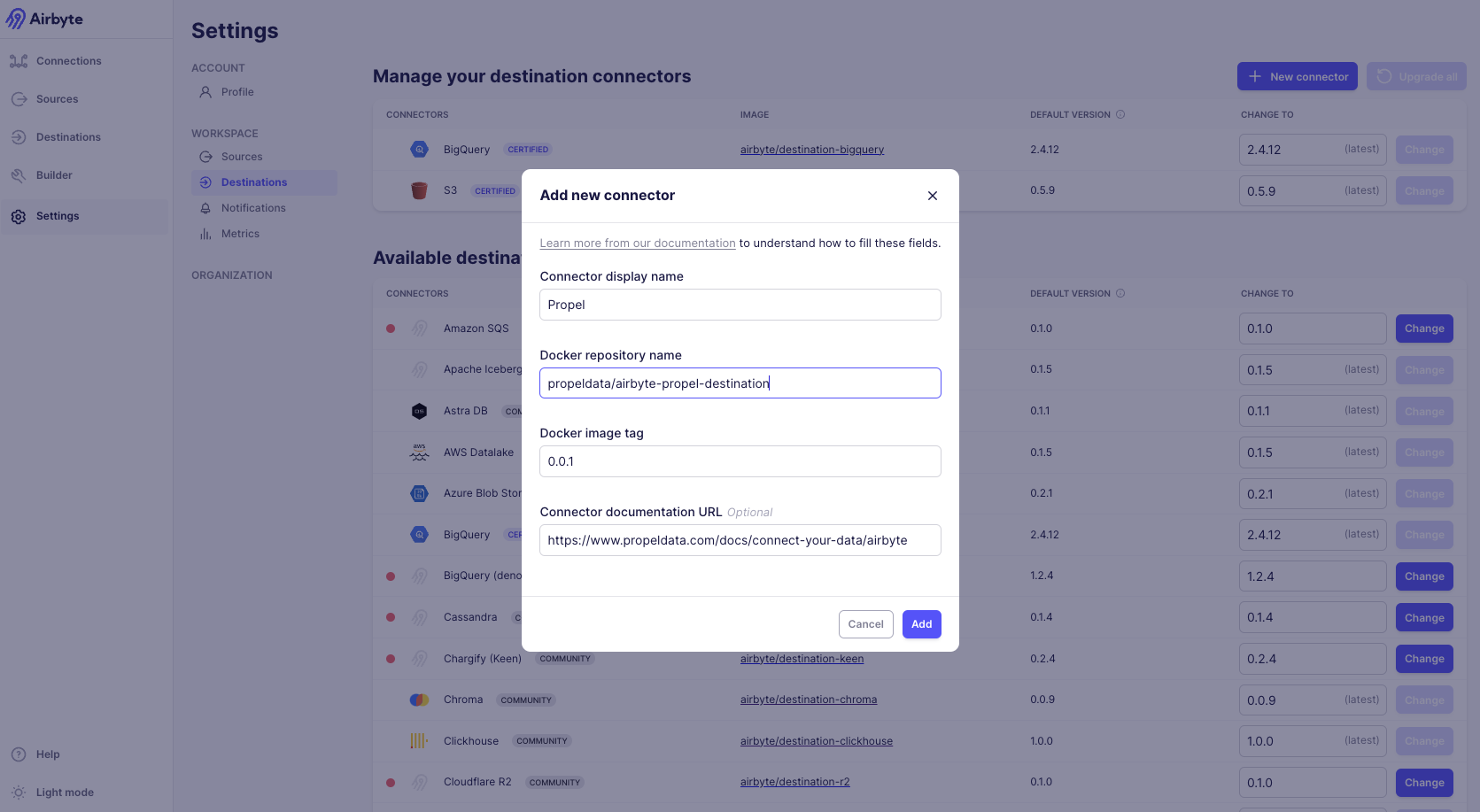 Add new Propel destination in Airbyte