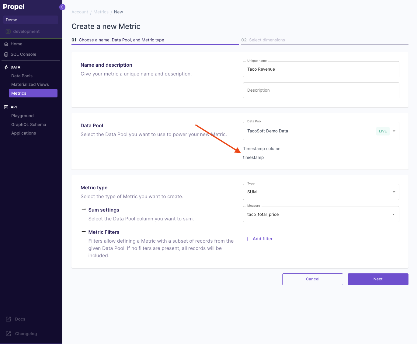 Metric using default timestamp